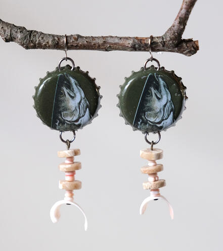 fishbone earrings - 2023 - bottlecap, discarded beads, stainless steel