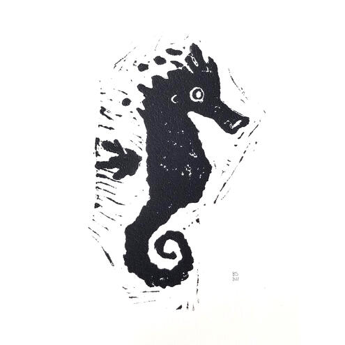 seahorse print - 2022 - linoleum block print, speedball ink