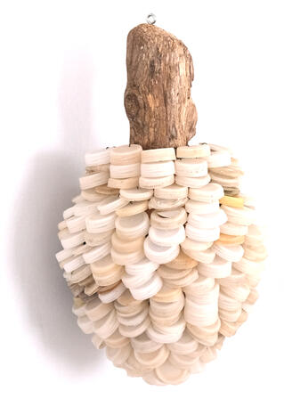 cap colony - 2024 - marine plastics (water bottle caps), driftwood.